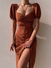 Inrosy robe longue moulante col carré fendu boutonnage manches bouffantes manches courtes fenne élégant doux casual