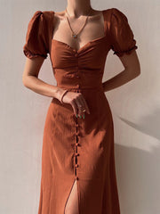 Inrosy robe longue moulante col carré fendu boutonnage manches bouffantes manches courtes fenne élégant doux casual