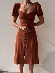 Inrosy robe longue moulante col carré fendu boutonnage manches bouffantes manches courtes fenne élégant doux casual