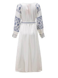 Inrosy robe longue coton v-cou fendu frange brodée ceinture manches longues femme bohème lâche décontracté vintage de plage