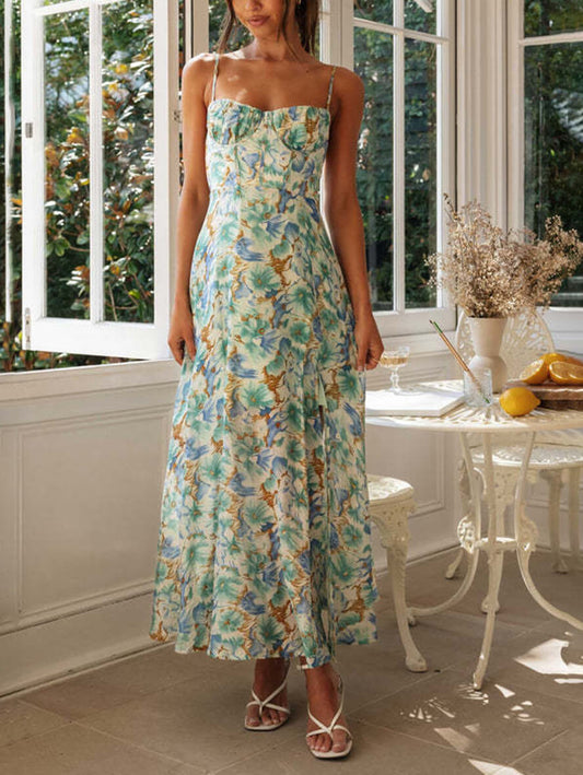 Inrosy robe longue imprimé à fleurie fendu le côté bustier dos nu sans manches femme bohème décontracté doux de soirée plage