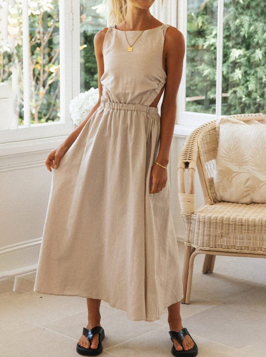 Inrosy robe longue découpes coton col rond dos nu sans manches femme bohème décontracté ample casual