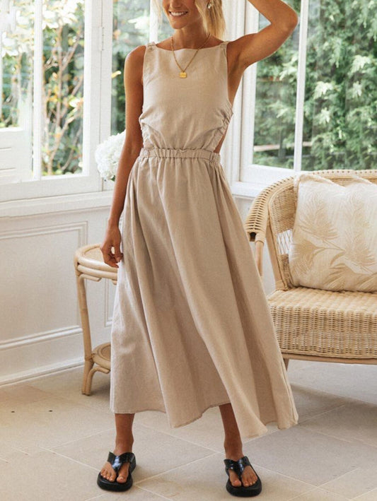 Inrosy robe longue découpes coton col rond dos nu sans manches femme bohème décontracté ample casual