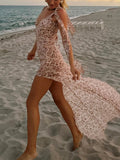 Inrosy robe longue irrégulière imprimé à fleurie fendu le côté dos nusans manches femme bohème décontracté de plage