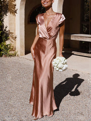 Inrosy robe demoiselle d'honneur en satin moulante sirene v-cou mancherons femme élégant mode de soirée pour mariage