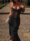 Inrosy robe longue découpes court devant longue derriere moulante irrégulière dentelle tulle à fines brides femme élégant de cocktail plage