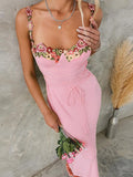 Inrosy robe longue moulante fleurie appliques à fines brides sans manches femme élégant mode de soirée bal de promo