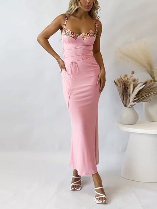 Inrosy robe longue moulante fleurie appliques à fines brides sans manches femme élégant mode de soirée bal de promo