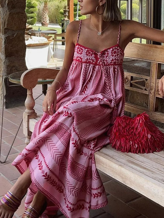 Inrosy longue robe imprimé à fleurie crochet robe à volantée frange à fines brides sans manches femme décontracté ample de plage