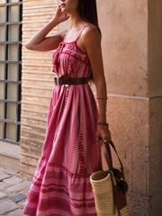 Inrosy longue robe imprimé à fleurie crochet robe à volantée frange à fines brides sans manches femme décontracté ample de plage