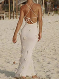 Inrosy robe longue moulante fleurs v-cou avec à lacets dos nu à fines brides sans manches femme élégant mode de soirée de plage