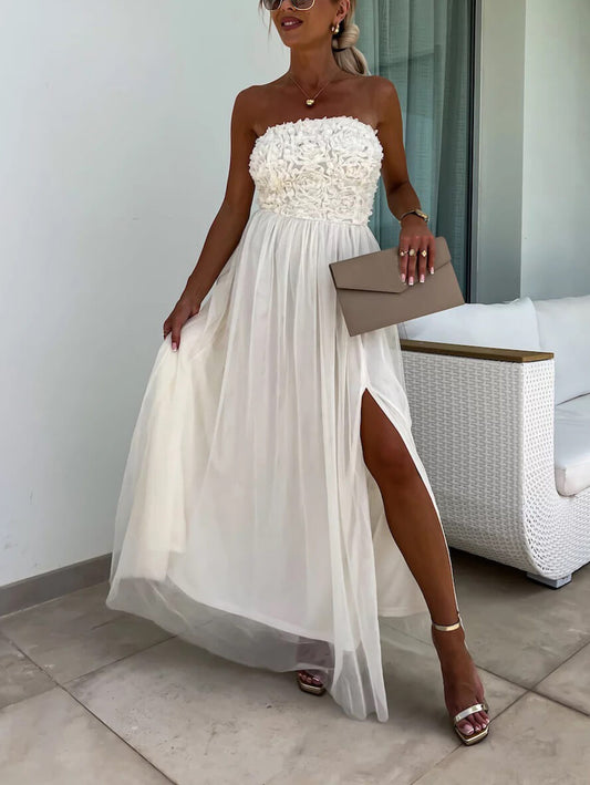 Inrosy robe longue tulle florale texture fendu le côté bustier sans manches femme bohème décontracté de soirée plage romance robe
