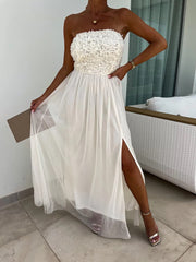 Inrosy robe longue tulle florale texture fendu le côté bustier sans manches femme bohème décontracté de soirée plage romance robe