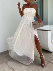 Inrosy robe longue tulle florale texture fendu le côté bustier sans manches femme bohème décontracté de soirée plage romance robe