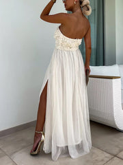 Inrosy robe longue tulle florale texture fendu le côté bustier sans manches femme bohème décontracté de soirée plage romance robe
