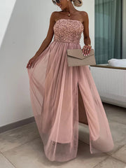 Inrosy robe longue tulle florale texture fendu le côté bustier sans manches femme bohème décontracté de soirée plage romance robe