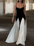 Inrosy robe longue blanc noir couleur bloc v-cou plissé à fines brides sans manches femme élégant décontracté de soirée pour mariage