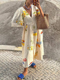 Inrosy robe longue en lin imprimé unique v-cou boutonnage manches bouffantes manches courtes femme décontracté lâche casual d'été