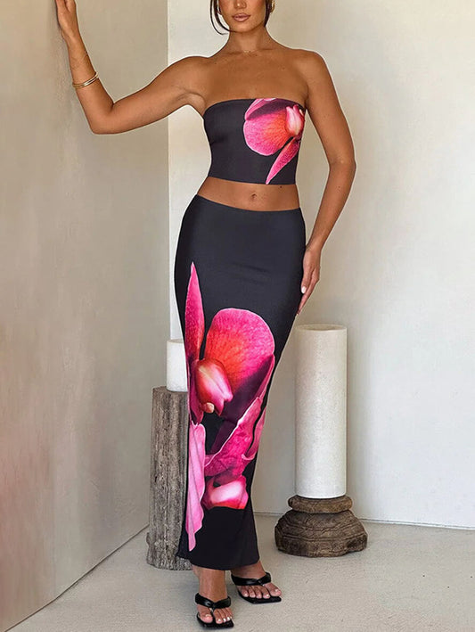 Inrosy ensemble robe moulante imprimé à fleurie bustier sans manches et longue jupe femme élégant bal de promo deux pièces