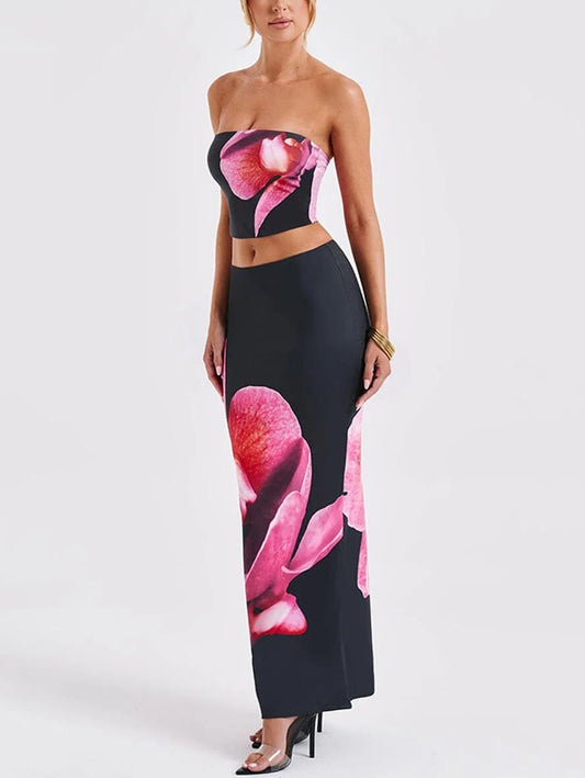 Inrosy ensemble robe moulante imprimé à fleurie bustier sans manches et longue jupe femme élégant bal de promo deux pièces