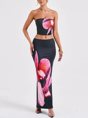 Inrosy ensemble robe moulante imprimé à fleurie bustier sans manches et longue jupe femme élégant bal de promo deux pièces