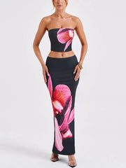 Inrosy ensemble robe moulante imprimé à fleurie bustier sans manches et longue jupe femme élégant bal de promo deux pièces