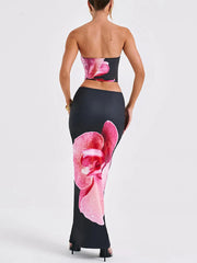Inrosy ensemble robe moulante imprimé à fleurie bustier sans manches et longue jupe femme élégant bal de promo deux pièces