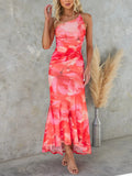 Inrosy robe longue moulante imprimé à fleurie swallowtail une épaule sans manches femme élégant décontracté de soirée de plage