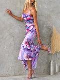Inrosy robe longue moulante imprimé à fleurie swallowtail une épaule sans manches femme élégant décontracté de soirée de plage