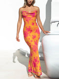 Inrosy robe longue moulante imprimé à fleurie avec à lacets dos nu à fines brides femme sans manches élégant de soirée bal masqué plage
