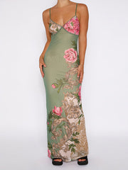 Inrosy robe longue moulante v-cou imprimé à fleurie dos nu à fines brides sans manches femme mode de soirée de plage