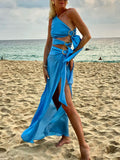 Inrosy robe longue découpes une épaule irrégulière nœud fendu le côté sans manches femme décontracté mode de plage