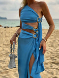 Inrosy robe longue découpes une épaule irrégulière nœud fendu le côté sans manches femme décontracté mode de plage