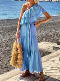 Inrosy robe longue en lin une épaule à volantée ceinture sans manches femme bohème ample décontracté de plage
