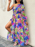 Inrosy robe longue imprimé à fleurie fendu le côté une épaule manches longues femme élégant de soirée de plage