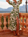 Inrosy robe longue v-cou imprimé à fleurie fendu le côté à volantée ceinture manches courtes femme élégant décontracté de plage