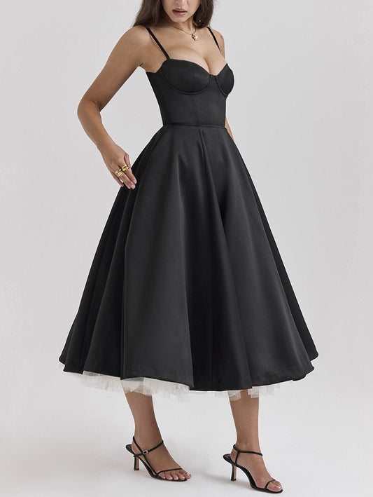 Inrosy longue robe trapèze imprimé à fleurie tutu en tulle dos nu à fines brides femme élégant vintage de soirée bal de promo
