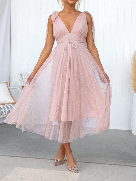 Inrosy mi-longue robe trapèze tulle fluide noeud papillon décolleté dos v-cou sans manches femme élégant de cocktail