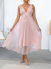 Inrosy mi-longue robe trapèze tulle fluide noeud papillon décolleté dos v-cou sans manches femme élégant de cocktail