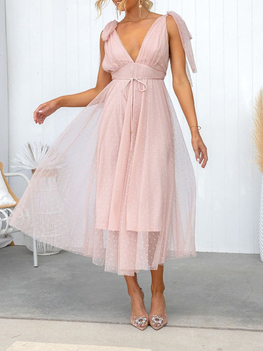 Inrosy mi-longue robe trapèze tulle fluide noeud papillon décolleté dos v-cou sans manches femme élégant de cocktail