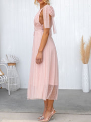 Inrosy mi-longue robe trapèze tulle fluide noeud papillon décolleté dos v-cou sans manches femme élégant de cocktail