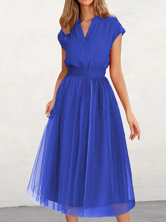 Inrosy mi-longue robe trapèze tulle fluide v-cou manches courtes élégant femme fete de cocktail
