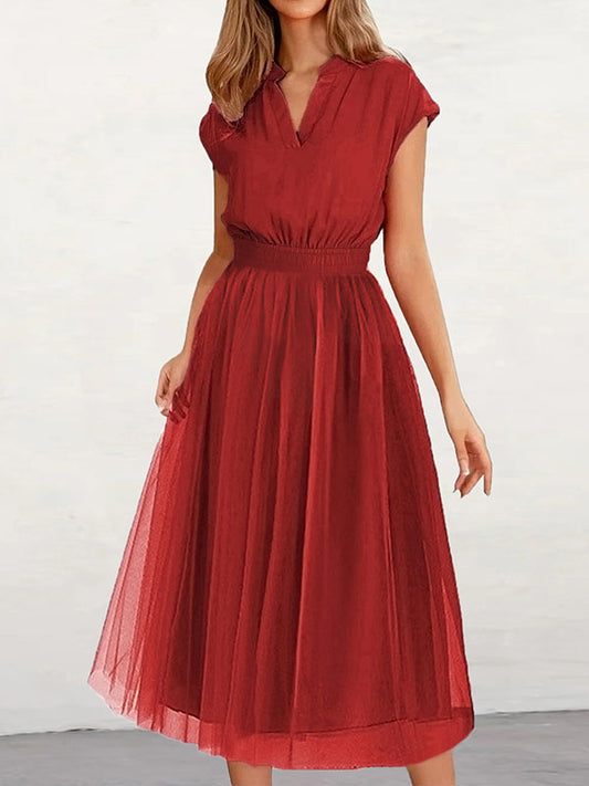 Inrosy mi-longue robe trapèze tulle fluide v-cou manches courtes élégant femme fete de cocktail