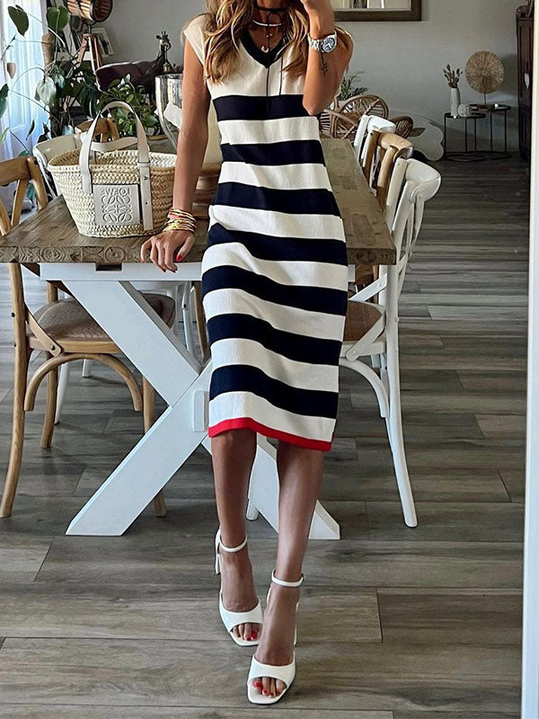 Inrosy mi-longue robe rayé fendu le côté v-cou sans manches femme casual décontracté