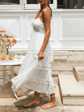 Inrosy robe longue dentelle fluide dos nu à fines brides v-cou sans manches femme bohème blanche