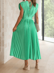 Inrosy mi-longue robe plissé ceinture décolleté dos nu v-cou sans manches femme élégant promo fete