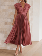 Inrosy mi-longue robe plissé ceinture décolleté dos nu v-cou sans manches femme élégant promo fete