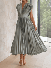 Inrosy mi-longue robe plissé ceinture décolleté dos nu v-cou sans manches femme élégant promo fete