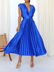 Inrosy mi-longue robe plissé ceinture décolleté dos nu v-cou sans manches femme élégant promo fete