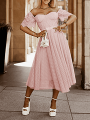 Inrosy mi-longue robe bouffante tutu trapèze à pois dentelle bustier dos nu manches courtes femme élégant fete cocktail